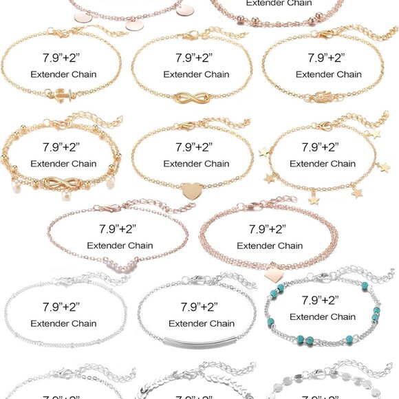 16Pcs Ankle Bracelets for Women Gold Silver Two Style Chain Beach Anklet Bracele - Picture 5 of 7